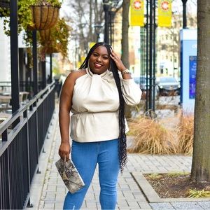 Eloquii one shoulder faux leather top MISSING BELT